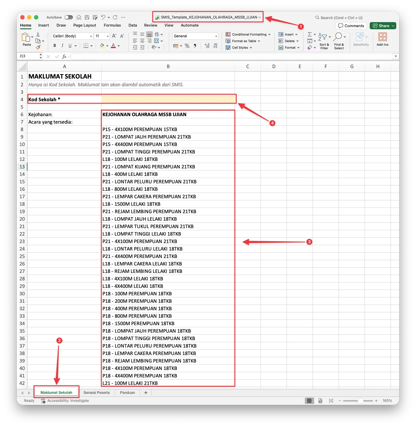 Template Excel SMIS dibuka di Microsoft Excel, nama kejohanan, sheet Maklumat Sekolah, senarai acara, dan kotak Kod Sekolah diserlahkan
