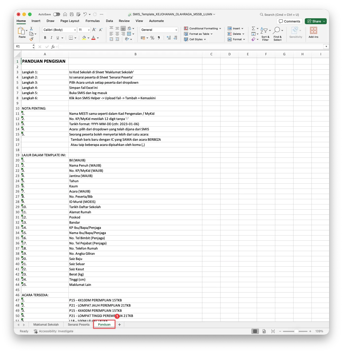 Sheet Panduan dalam template Excel, senarai langkah, NOTA PENTING, dan rujukan lajur