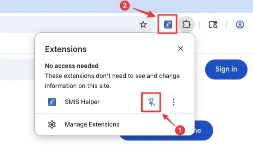 Senarai extension Chrome dengan ikon pin dan SMIS Helper di toolbar
